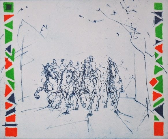 Ets ‘Cavalcade’, paarden komen voor in talloze etsen, beelden en tekeningen.
